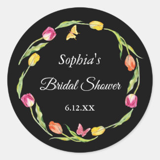 Tulips & Butterflies Black Bridal Shower  Classic Round Sticker