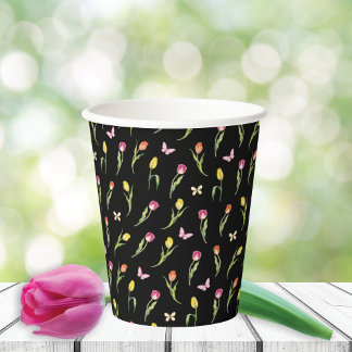 Tulips & Butterflies Black Pattern  Paper Cups