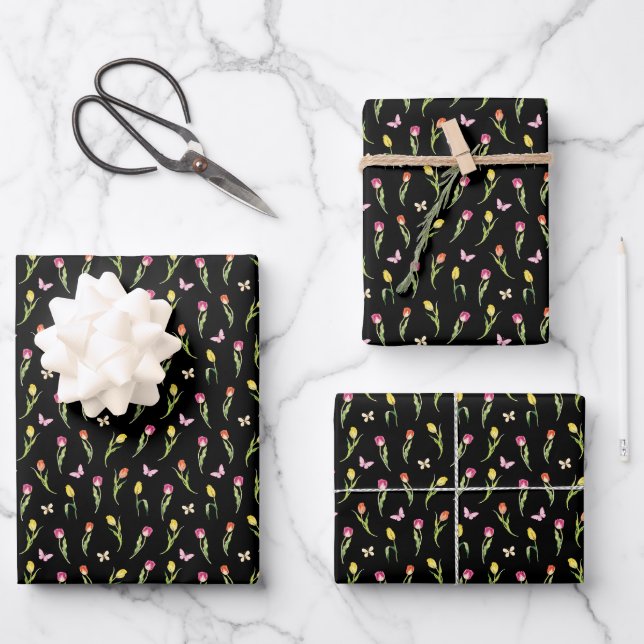 Tulips & Butterflies Black Pattern  Wrapping Paper Sheet (Front)