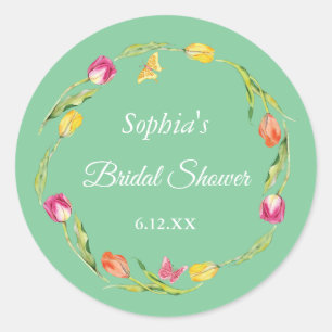 Tulips & Butterflies Green Bridal Shower  Classic Round Sticker