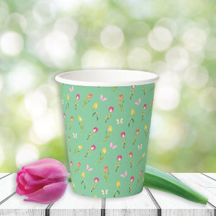 Tulips & Butterflies Green Pattern  Paper Cups