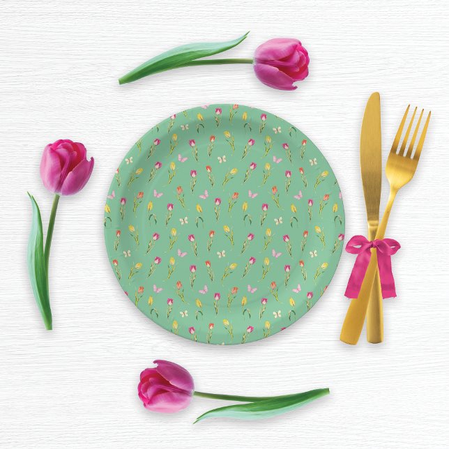 Tulips & Butterflies Green Pattern  Paper Plate (Creator Uploaded)