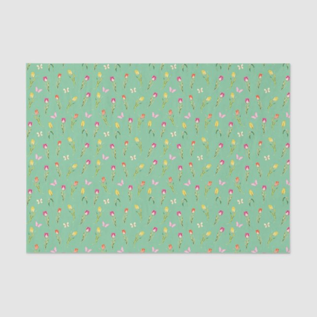 Tulips & Butterflies Green Pattern  Tissue Paper (Front)