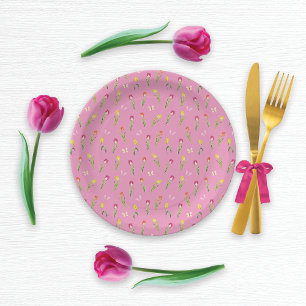 Tulips & Butterflies Pink Pattern  Paper Plate