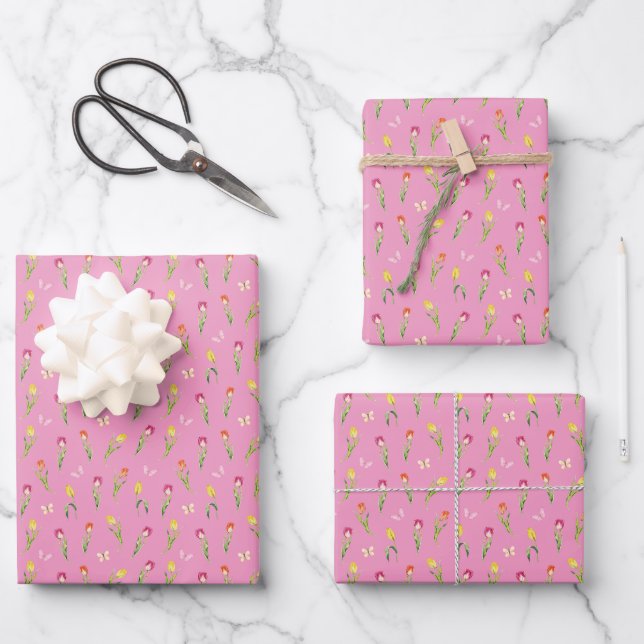 Tulips & Butterflies Pink Pattern  Wrapping Paper Sheet (Front)