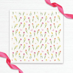 Tulips & Butterflies White Pattern Bridal Shower Napkin