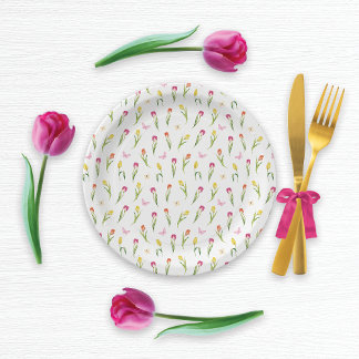 Tulips & Butterflies White Pattern Paper Plate