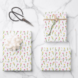 Tulips & Butterflies White Pattern Wrapping Paper Sheet