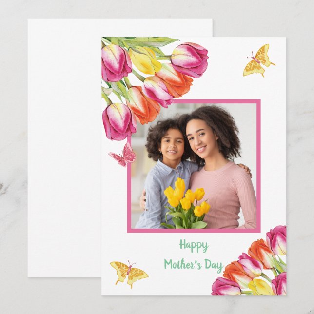 Tulips & Butterflies White Photo Mother’s Day  Card (Front/Back)