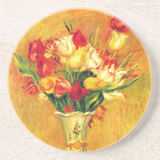 Tulips by Pierre Renoir, Vintage Impressionism Art Coaster (Front)