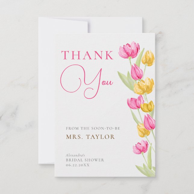 Tulips Calligraphy Pink Bridal Shower Thank You Card (Front)