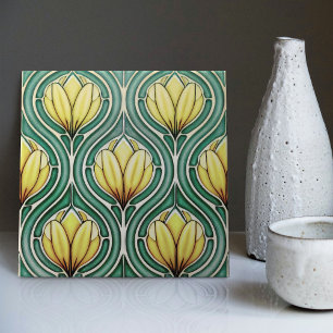 Tulips Citrus Yellow Symmetric Pattern Art Nouveau Tile