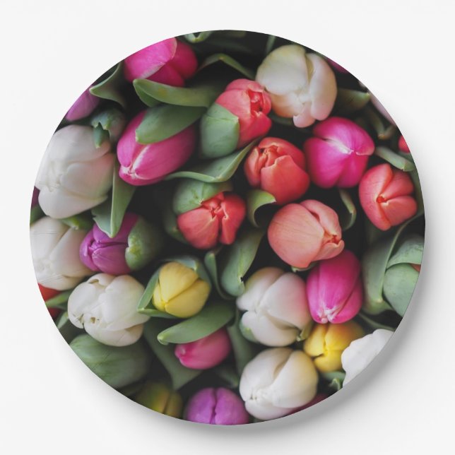 Tulips Colourful Flowers Easter Spring Paper Plate (Front)