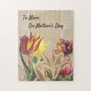 Tulips Crocuses on Beige Vintage Wallpaper Jigsaw Puzzle