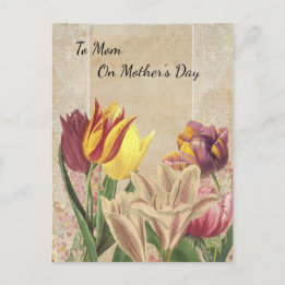 Tulips Crocuses on Beige Vintage Wallpaper Mothers Postcard