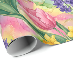 Tulips, Daffodils, Hyacinths in Alcohol Ink Style Wrapping Paper