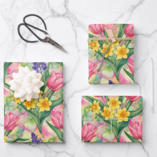 Tulips, Daffodils, Hyacinths in Alcohol Ink Style Wrapping Paper Sheet