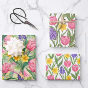 Tulips Daffodils Hyacinths Three Different Styles Wrapping Paper Sheet