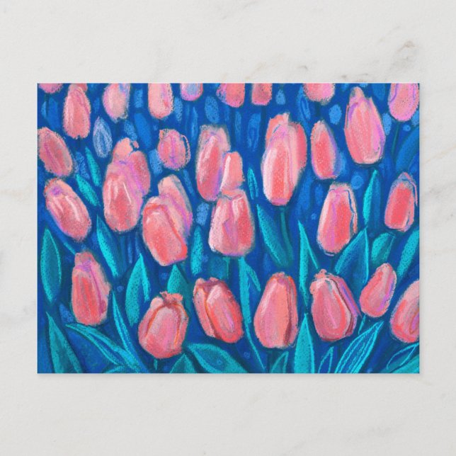 Tulips Field, Spring Flowers Floral Art Red Blue  Postcard (Front)