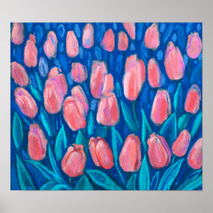 Tulips Field, Spring Flowers Floral Art Red Blue Poster