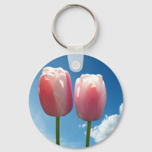 Tulips flowers in blue sky key ring