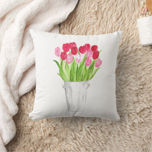 Tulips flowers watercolor pink elegant girly throw cushion