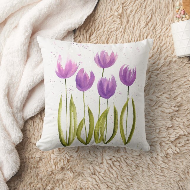 Tulips flowers watercolor purple elegant girly cushion (Blanket)