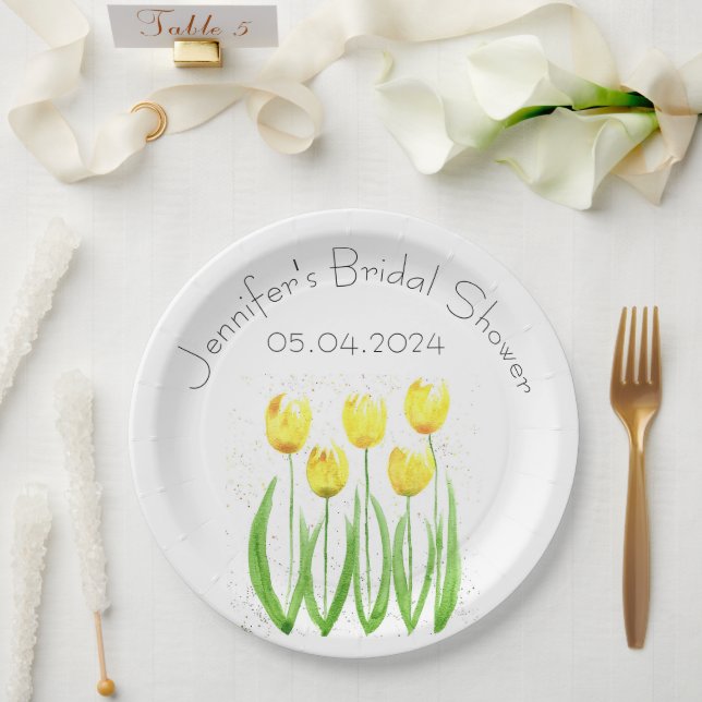 Tulips flowers watercolor Yellow Bridal Shower Paper Plate (Wedding)