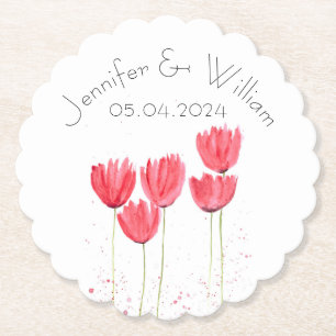 Tulips flowers watercolor Yellow Rustic  Wedding Paper Coaster