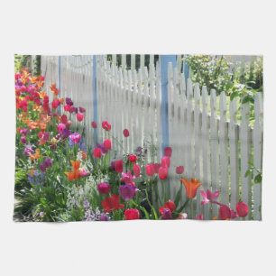 Tulips garden white picket fence kitchen towel