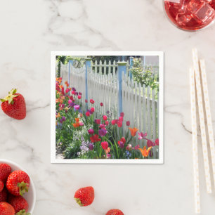 Tulips garden white picket fence paper napkin