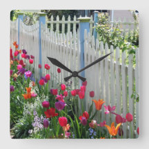 tulips garden white picket fence square clock