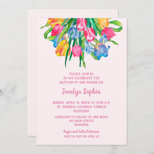 Tulips Girl Baptism Christening Invitations