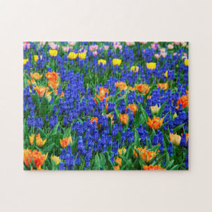 Tulips Grape Hyacinth Flower Field Colorful Jigsaw Puzzle
