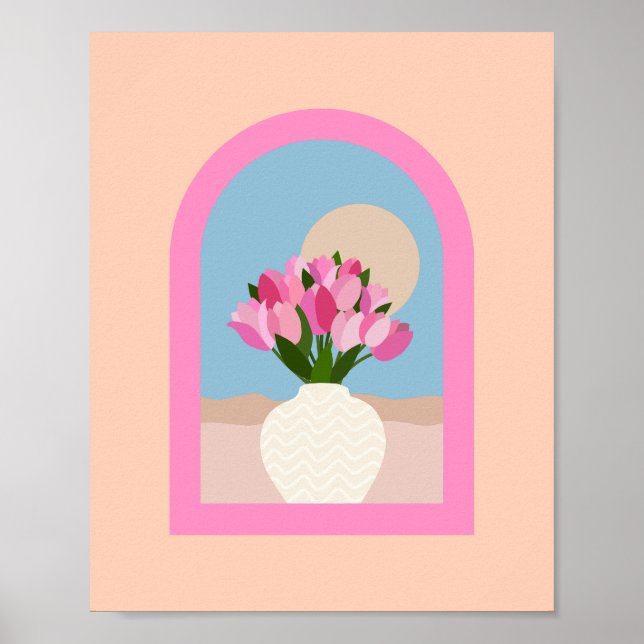 Tulips In A Vase Orange Pink And Blue Floral Poster (Front)