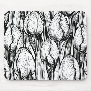 Tulips in black and white mouse mat