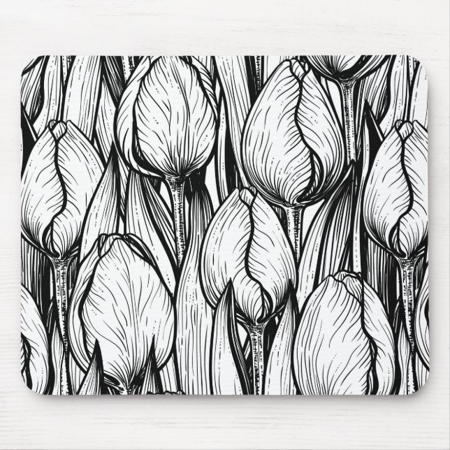 Tulips in black and white mouse mat (Front)