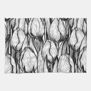 Tulips in black and white tea towel