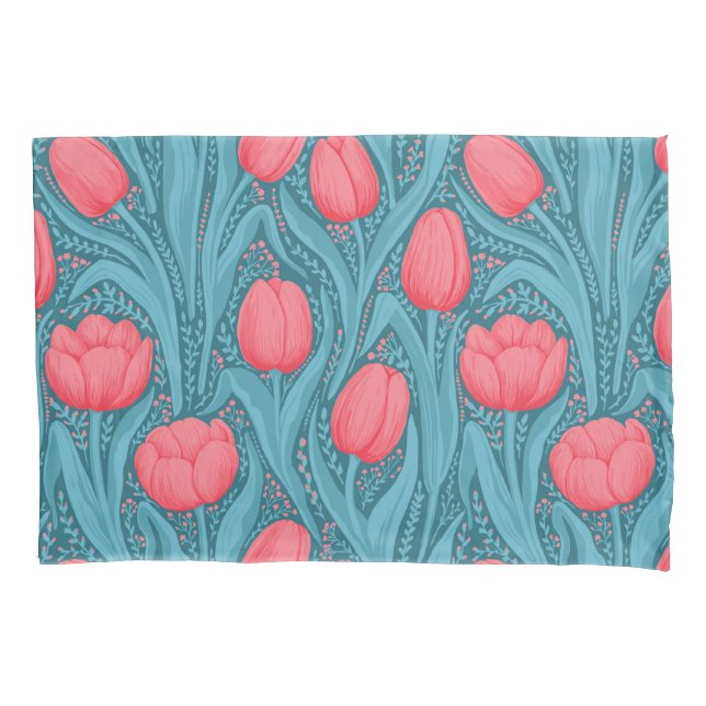 Tulips in blue and red pillowcase (Front-Left)