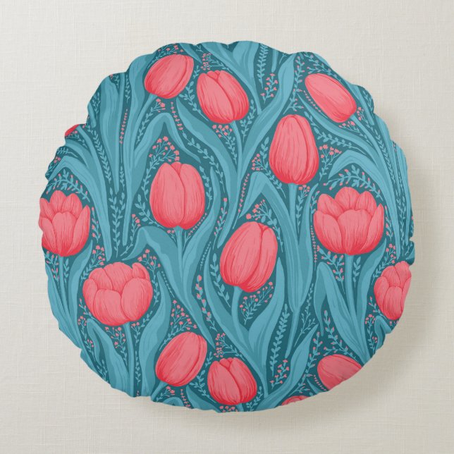 Tulips in blue and red round cushion (Front)
