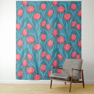 Tulips in blue and red tapestry