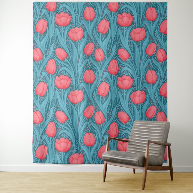 Tulips in blue and red tapestry (In Situ)