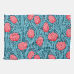 Tulips in blue and red tea towel