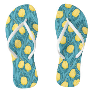 Tulips in blue and yellow flip flops