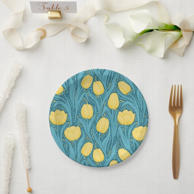 Tulips in blue and yellow paper plate (Wedding)
