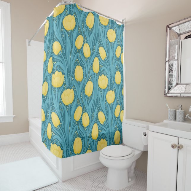 Tulips in blue and yellow shower curtain (In Situ)