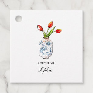 Tulips in blue & white vase favour tags