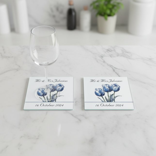 Tulips in Delft Blue customisable Glass Coaster (Creator Uploaded)