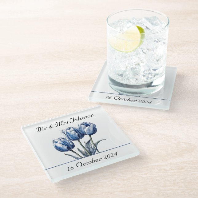 Tulips in Delft Blue customisable Glass Coaster (Angled)
