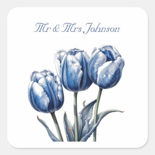 Tulips in Delft Blue, customisable Square Sticker